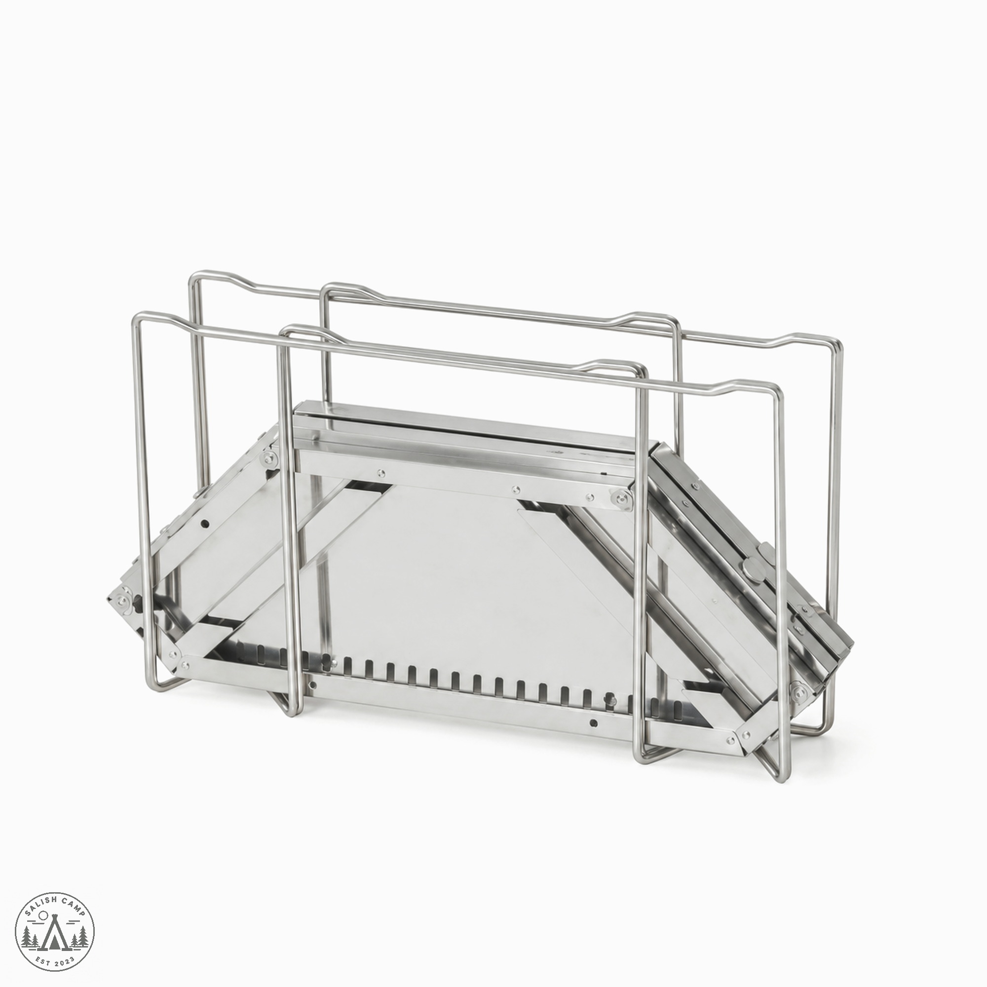 Folded stack of Jikaro stainless tops with wire legs on white, no storage case