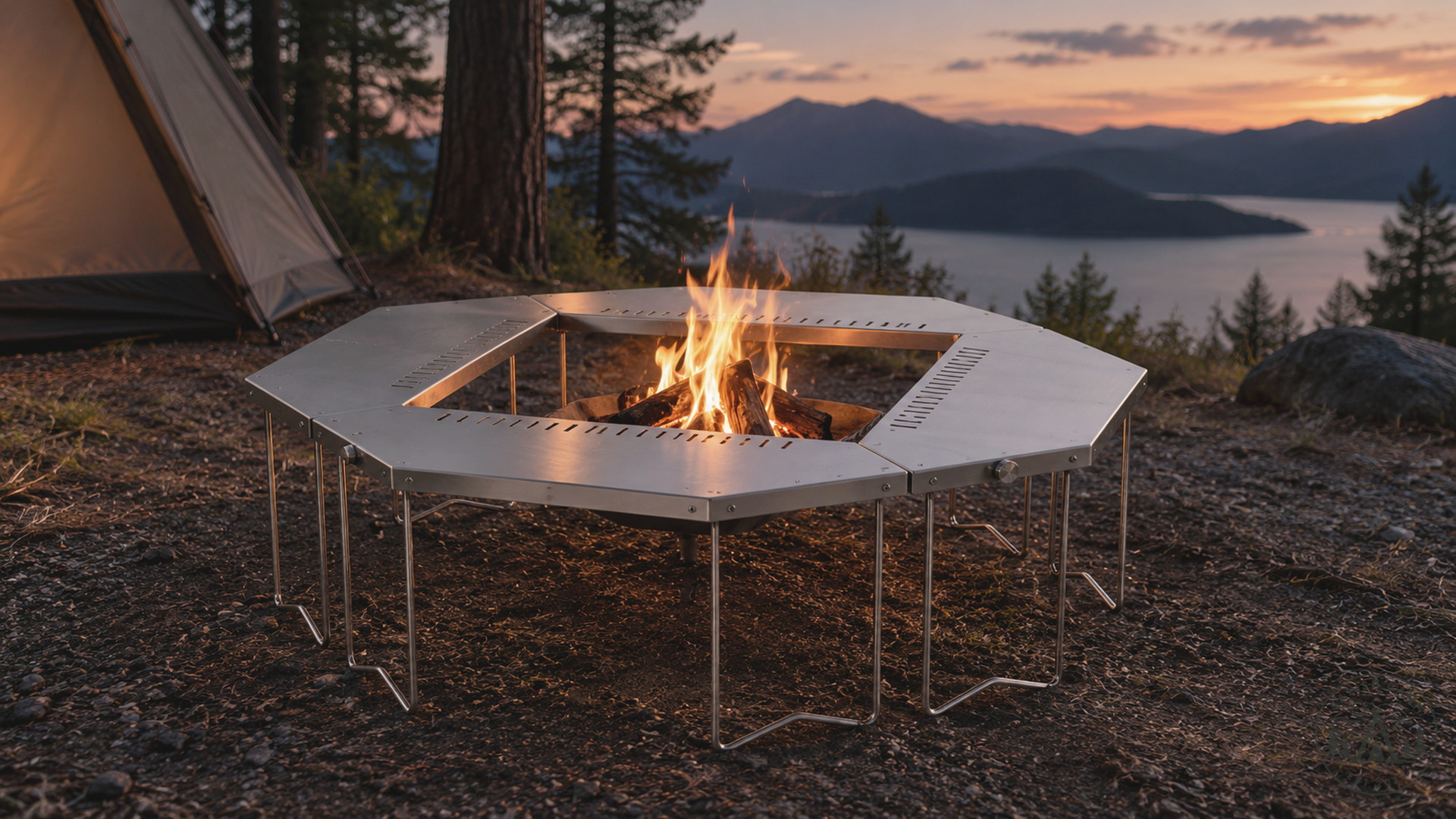 Jikaro stainless table on a gravel campsite at dusk with an open fire in the center opening