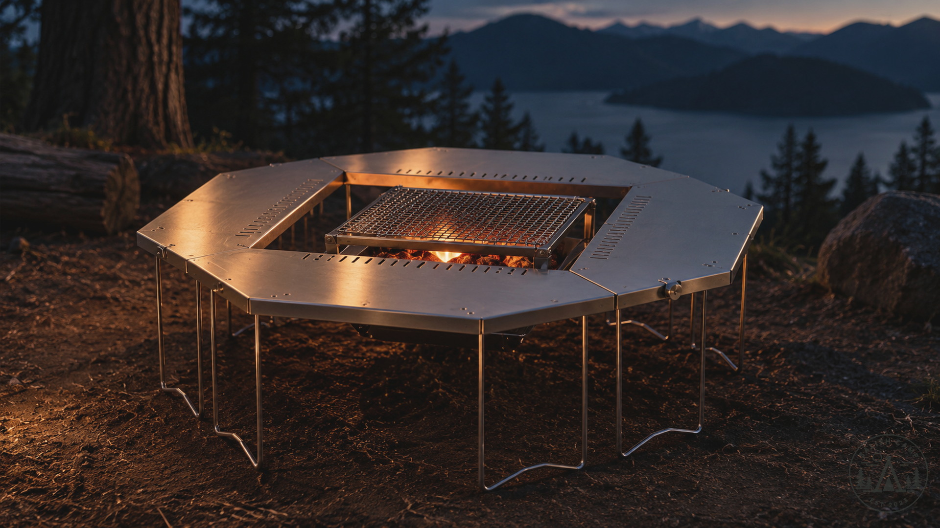 Jikaro table at night with a wire grill grate over coals in the opening, empty stainless tops