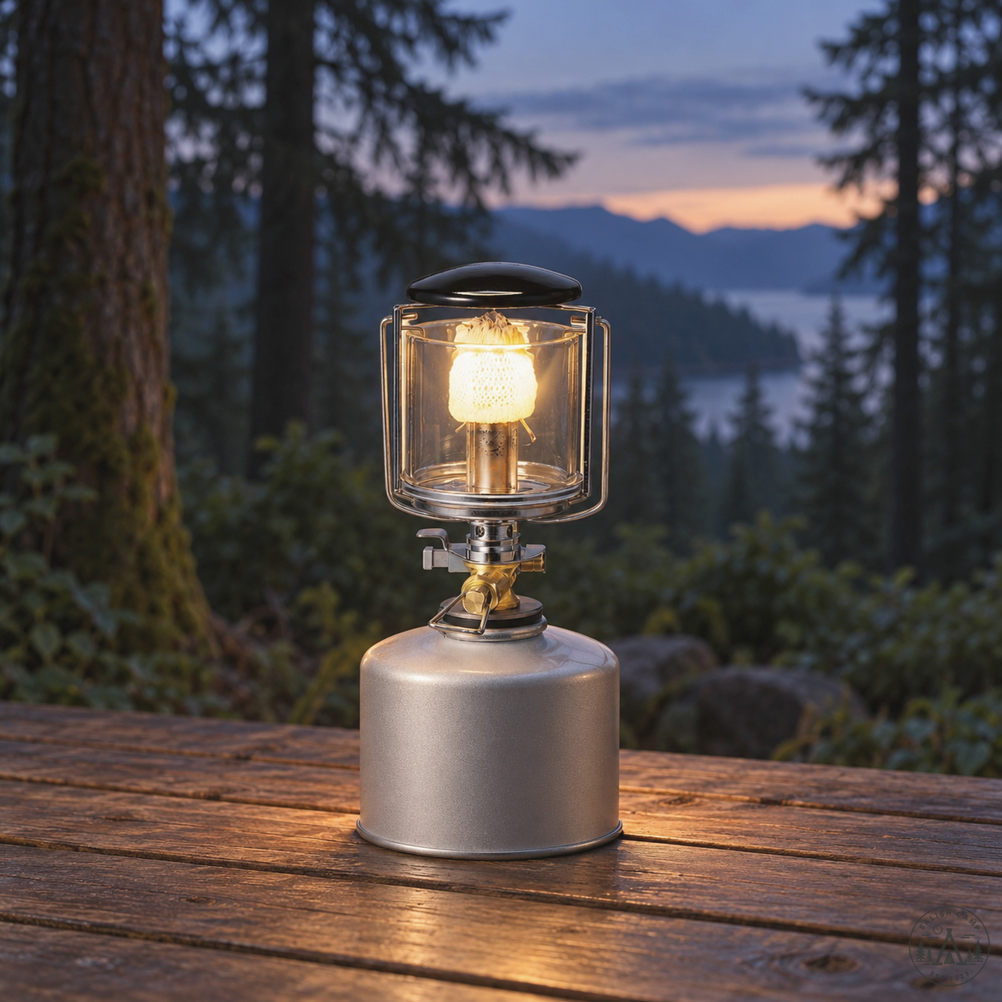 Kovea Observer KL-103 lit on a camp table at dusk with firs behind