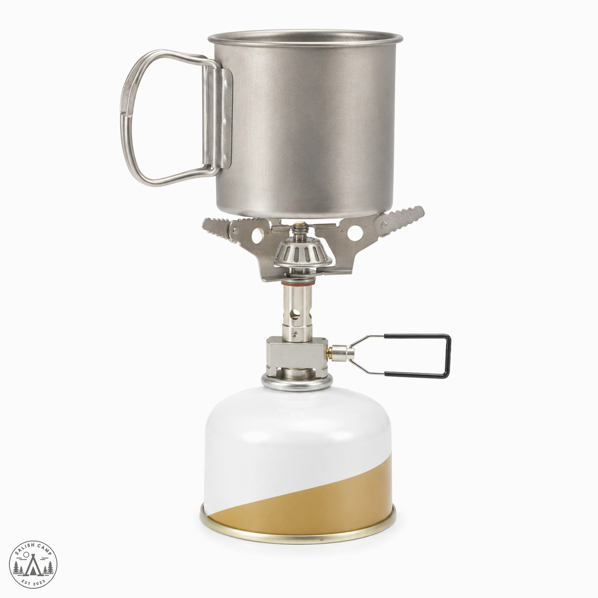 Straight-sided metal cup on the open LiteMax supports, over an unlabeled canister