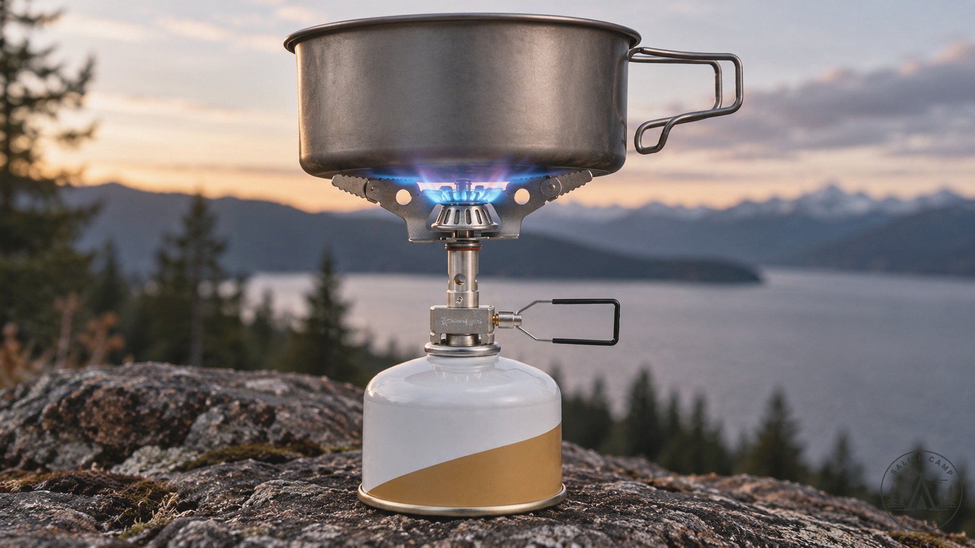 Lit LiteMax stove and a straight-sided pot on a rock, with no person in the frame