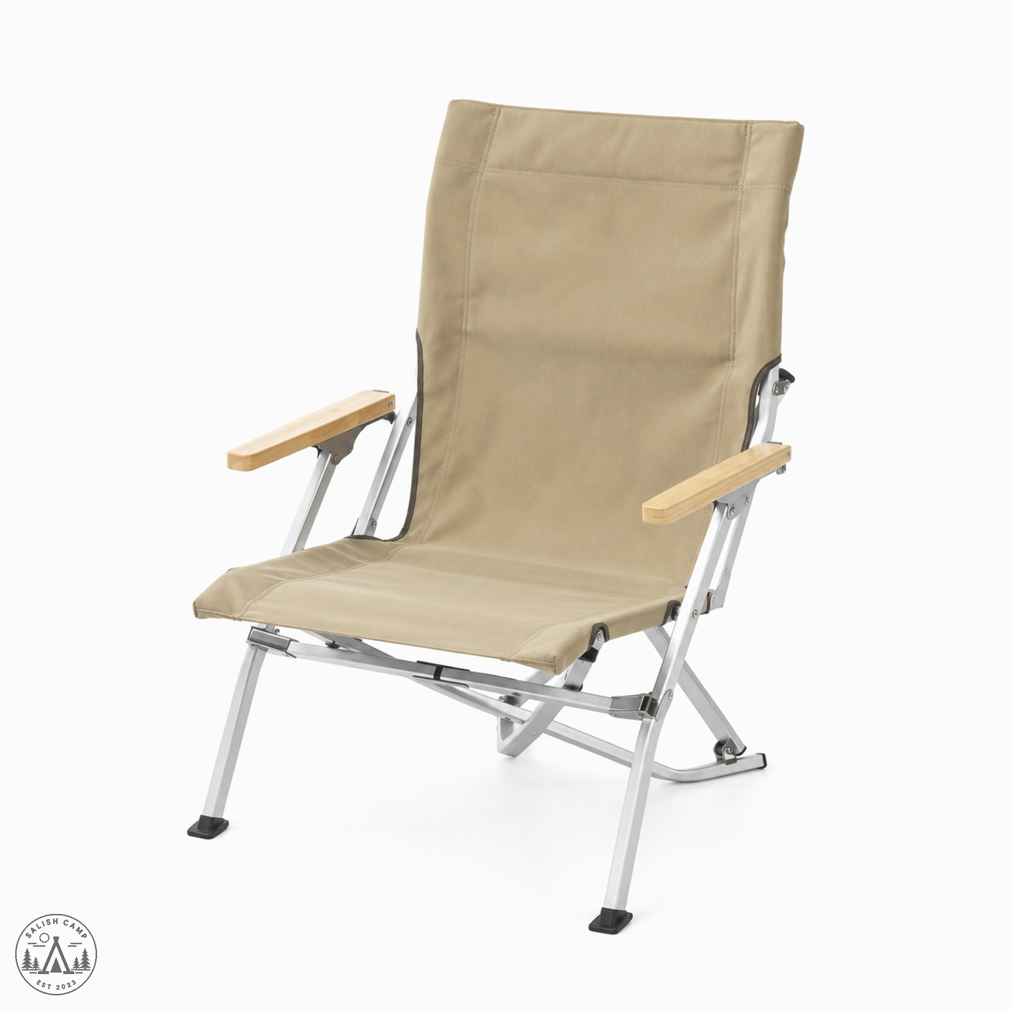 Snow Peak Low Beach Chair Khaki open on white, three-quarter view with wood armrests