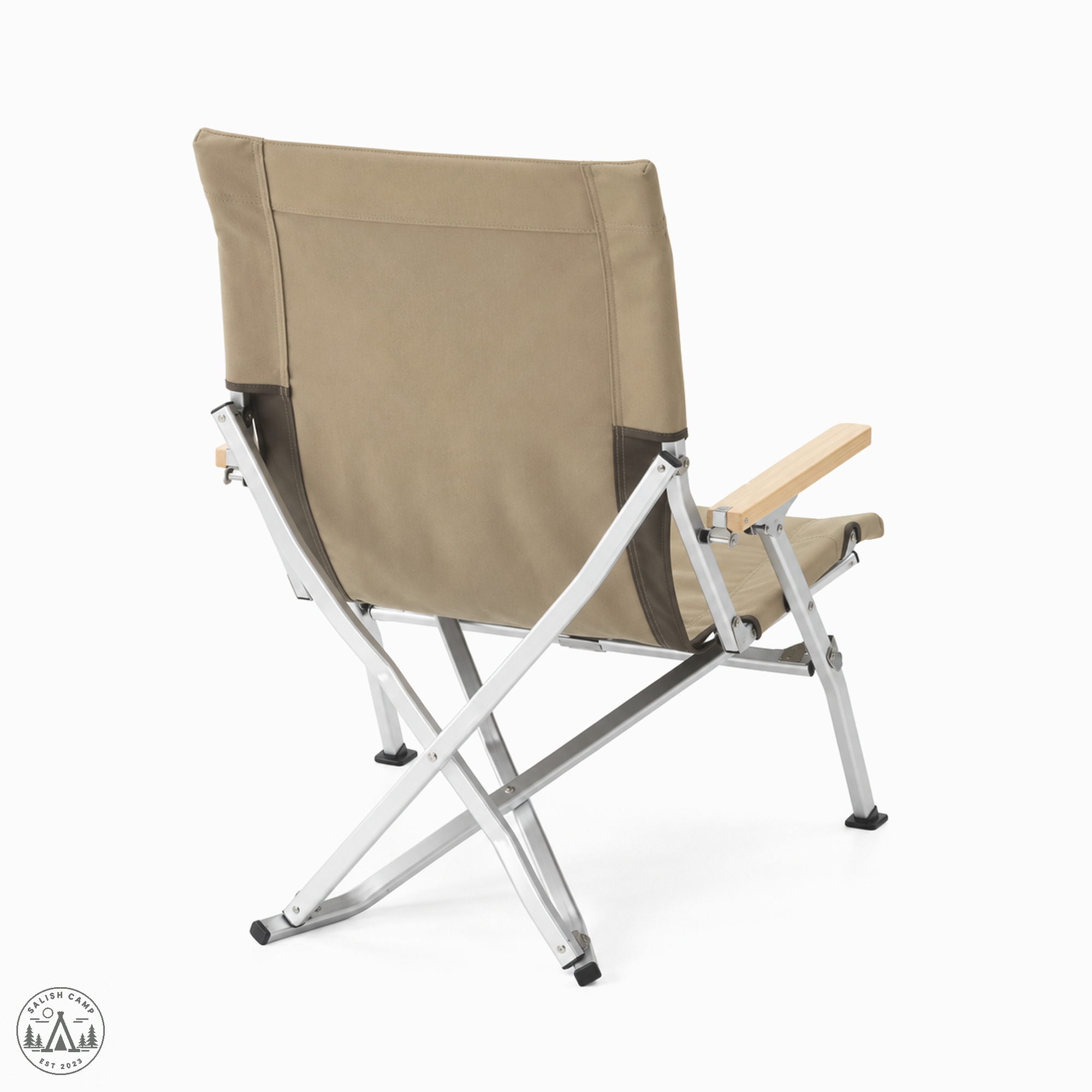 Rear view of the open Khaki Low Beach Chair with a fabric back and crossed silver legs