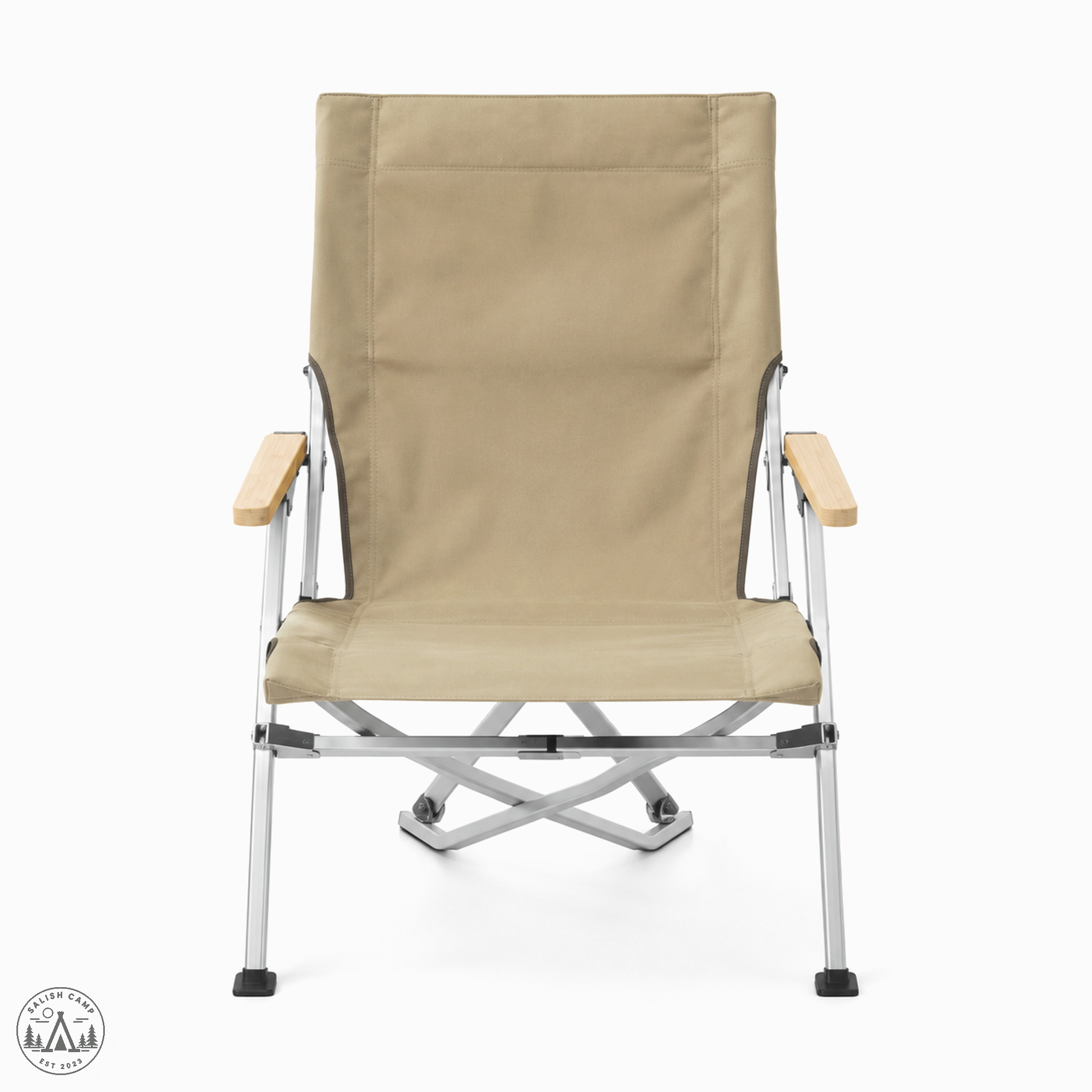 Head-on view of the open Khaki Low Beach Chair with wood armrests and a crossed metal frame