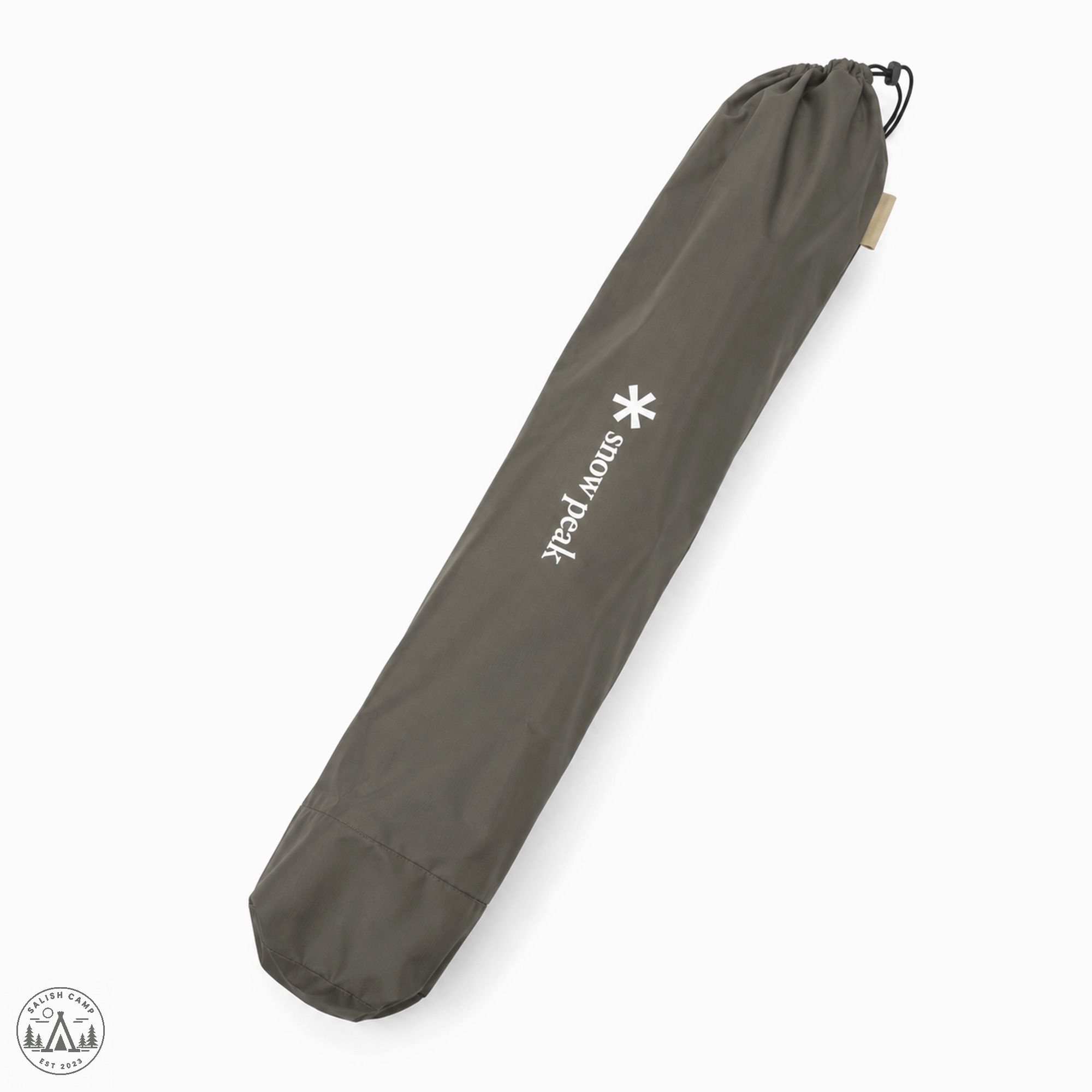 Long dark Snow Peak carrying case with an asterisk and snow peak mark, cinched shut