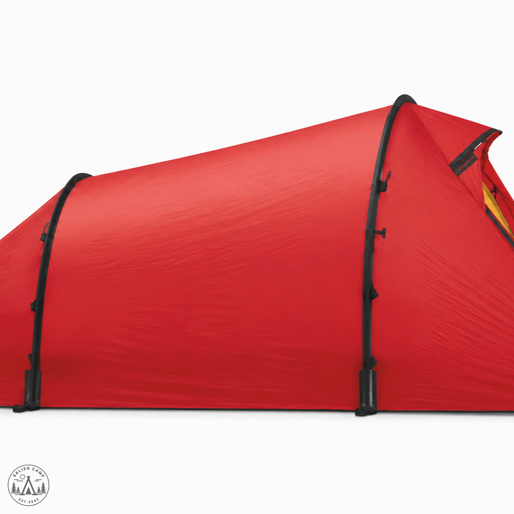 Red Hilleberg Nallo 2 side profile showing tunnel architecture on white