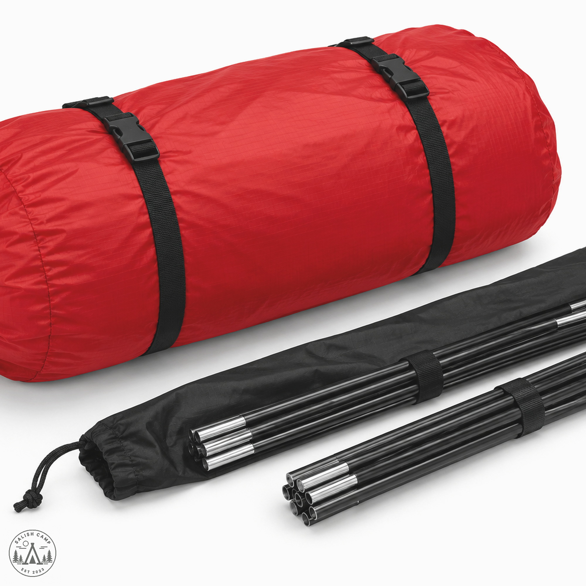 Packed Red Nallo 2 stuff sack beside two pole bundles
