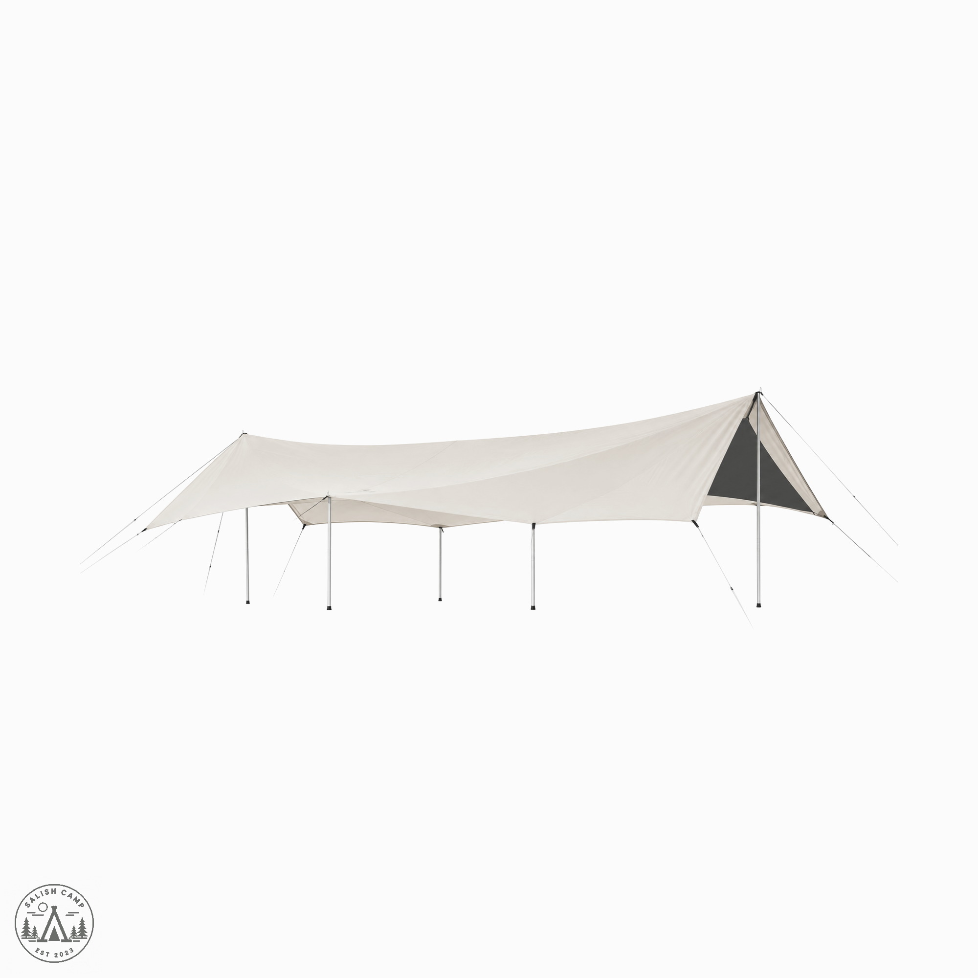 One long light Snow Peak Takibi Tarp Octa pitched on white, with a dark end panel, silver poles, and guylines