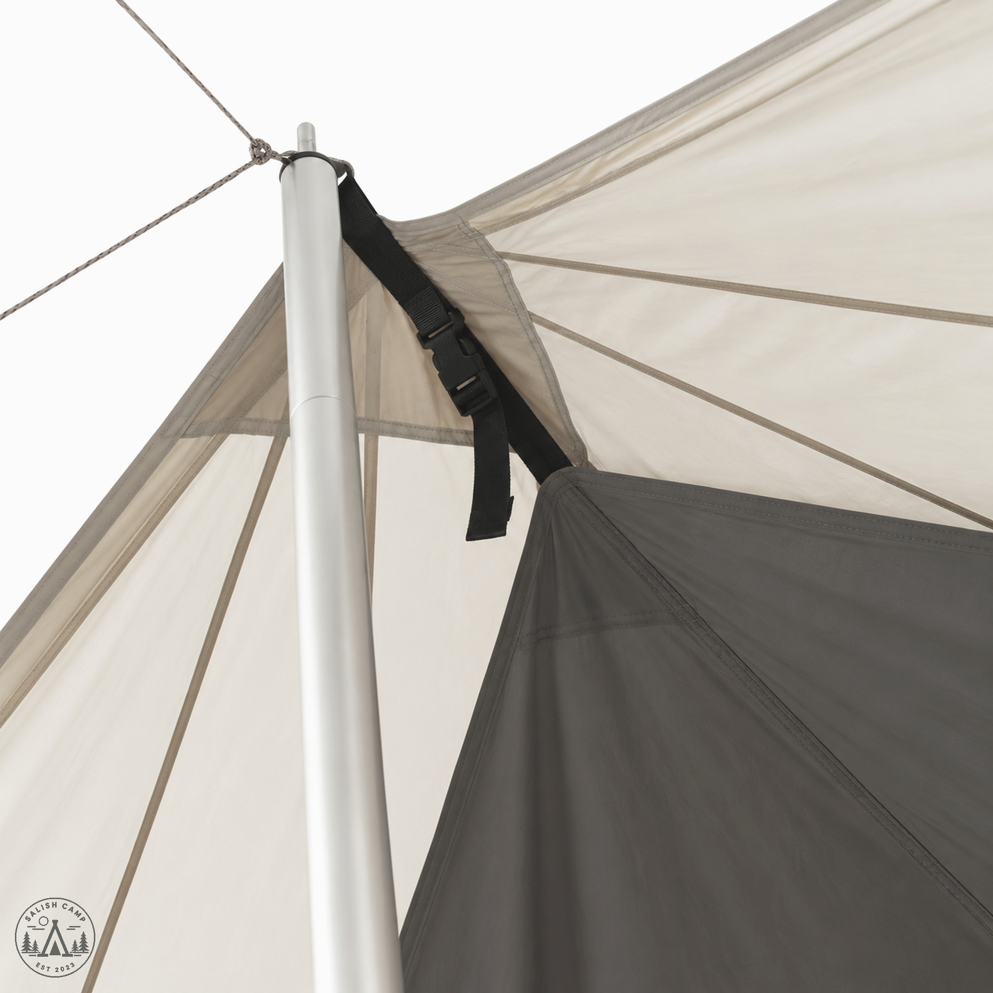Black strap and buckle on one silver pole where the light Octa shell meets the dark panel
