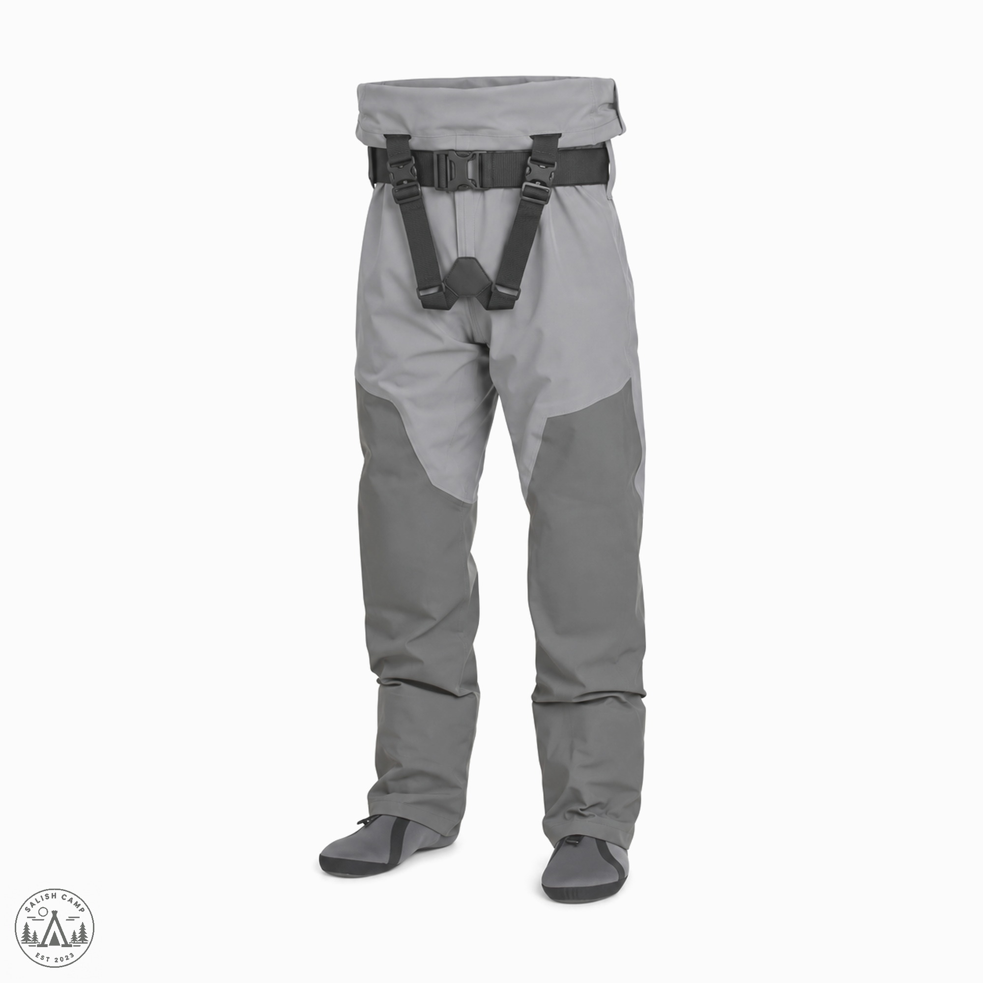Waders folded down to waist height