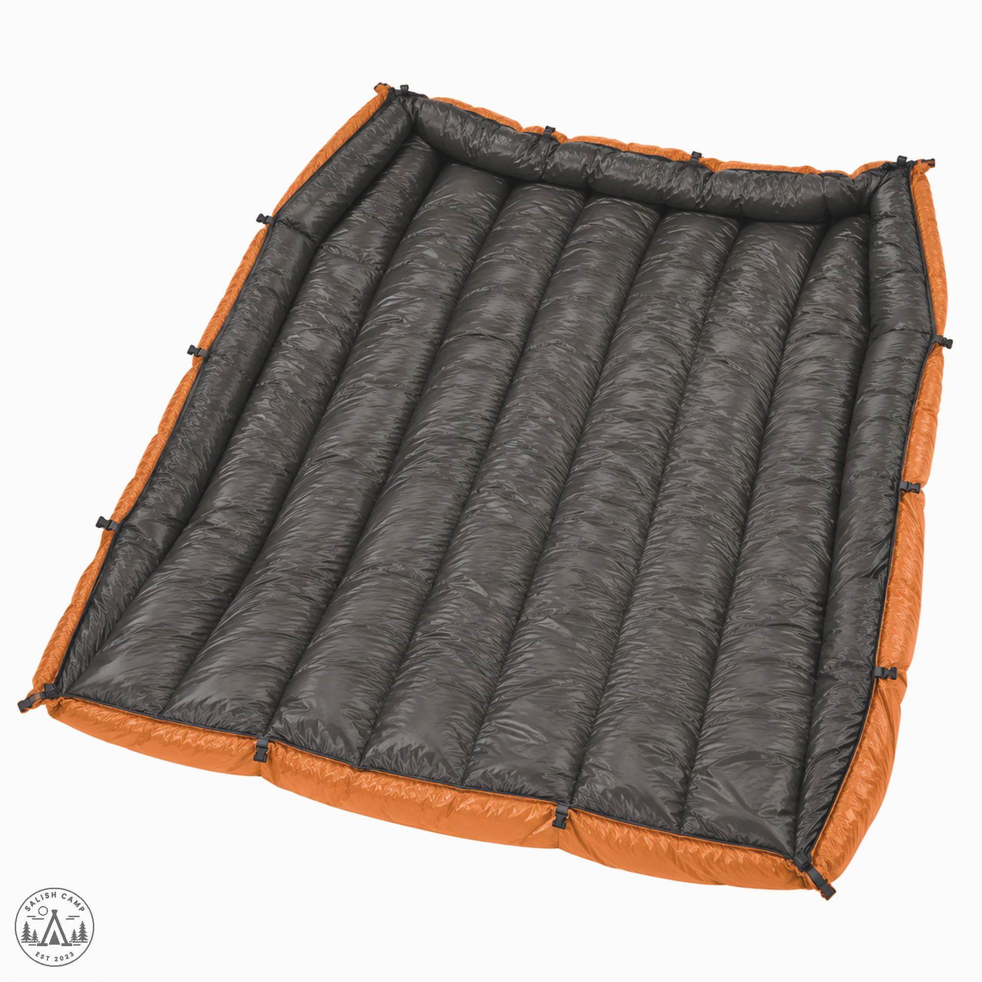 Enlightened Equipment Revelation quilt open flat showing Charcoal liner and Burnt Orange binding