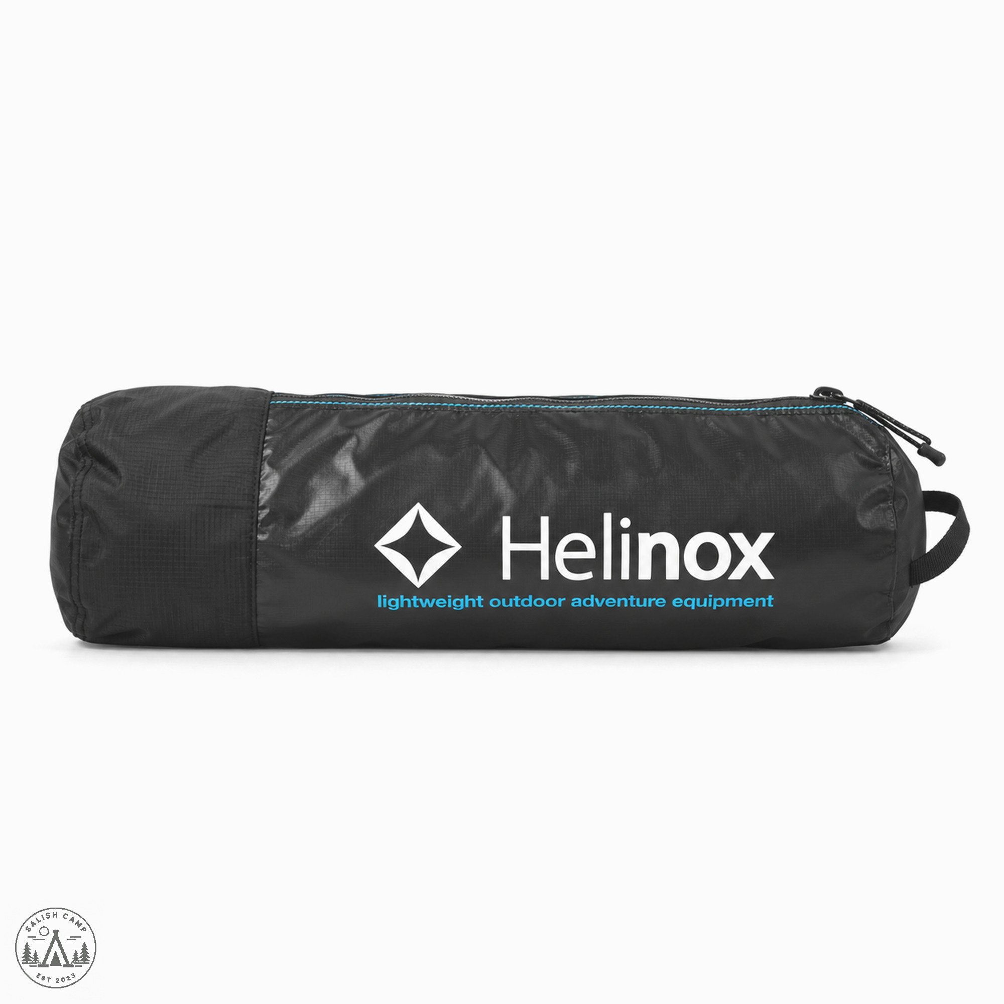 Black cylinder carry case for the Helinox Savanna Chair, printed with the Helinox logo