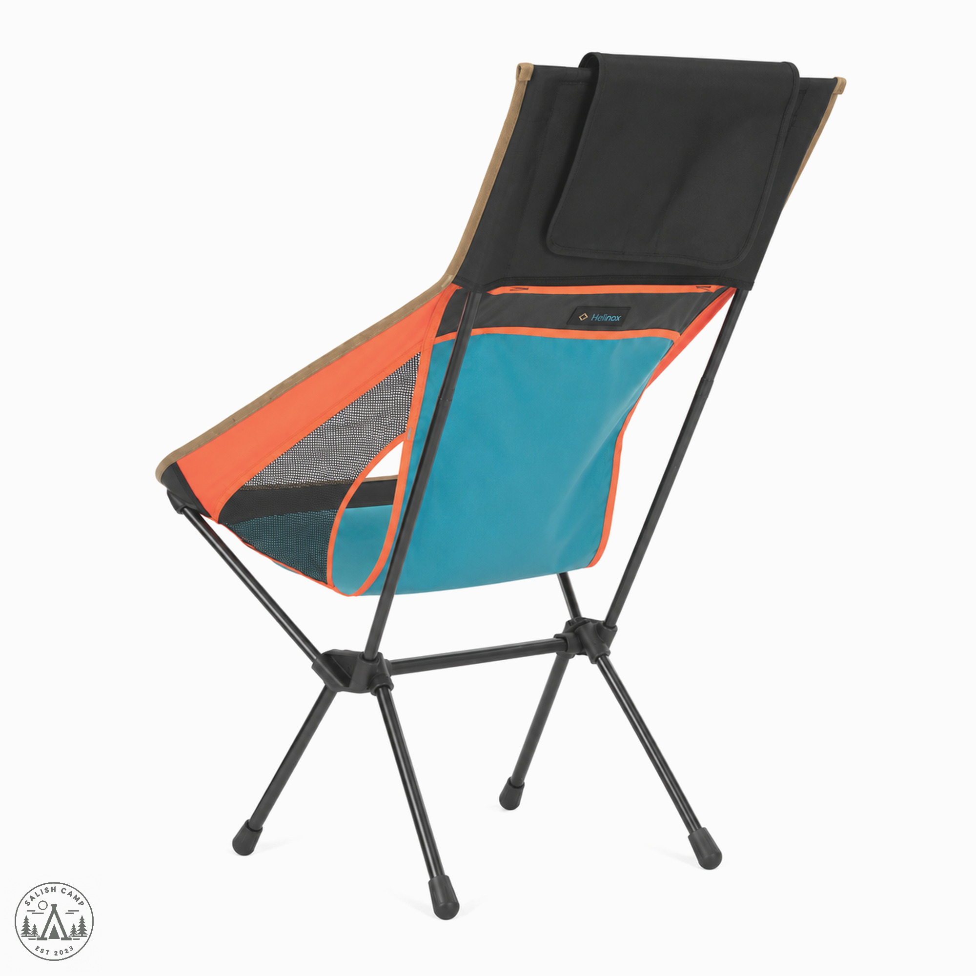 Back three-quarter view of the Helinox Sunset Chair (re) in Heritage Multi Block, with black poles and a black hub