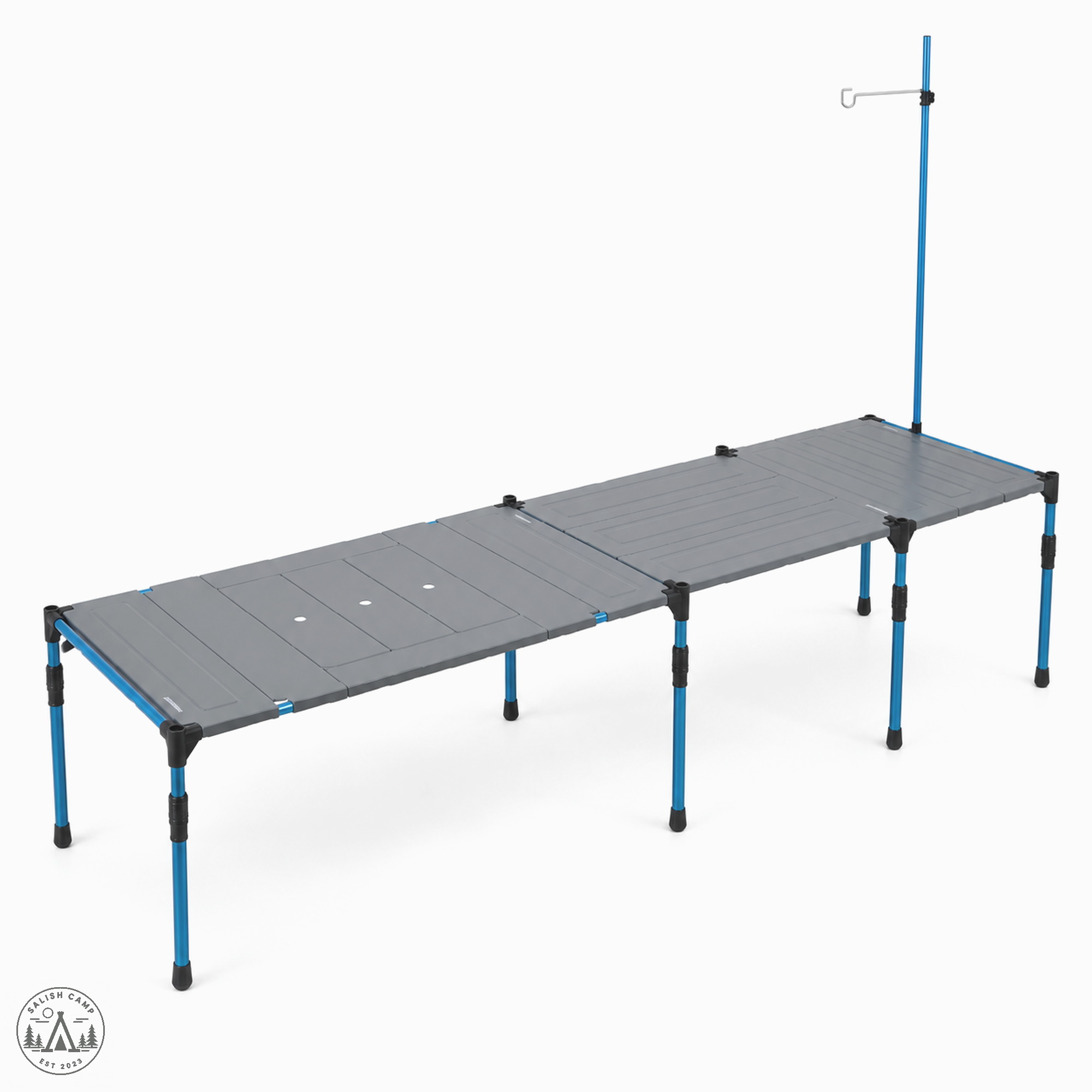 Snowline Cube System Table Plus Grey with grey top on blue legs at middle height