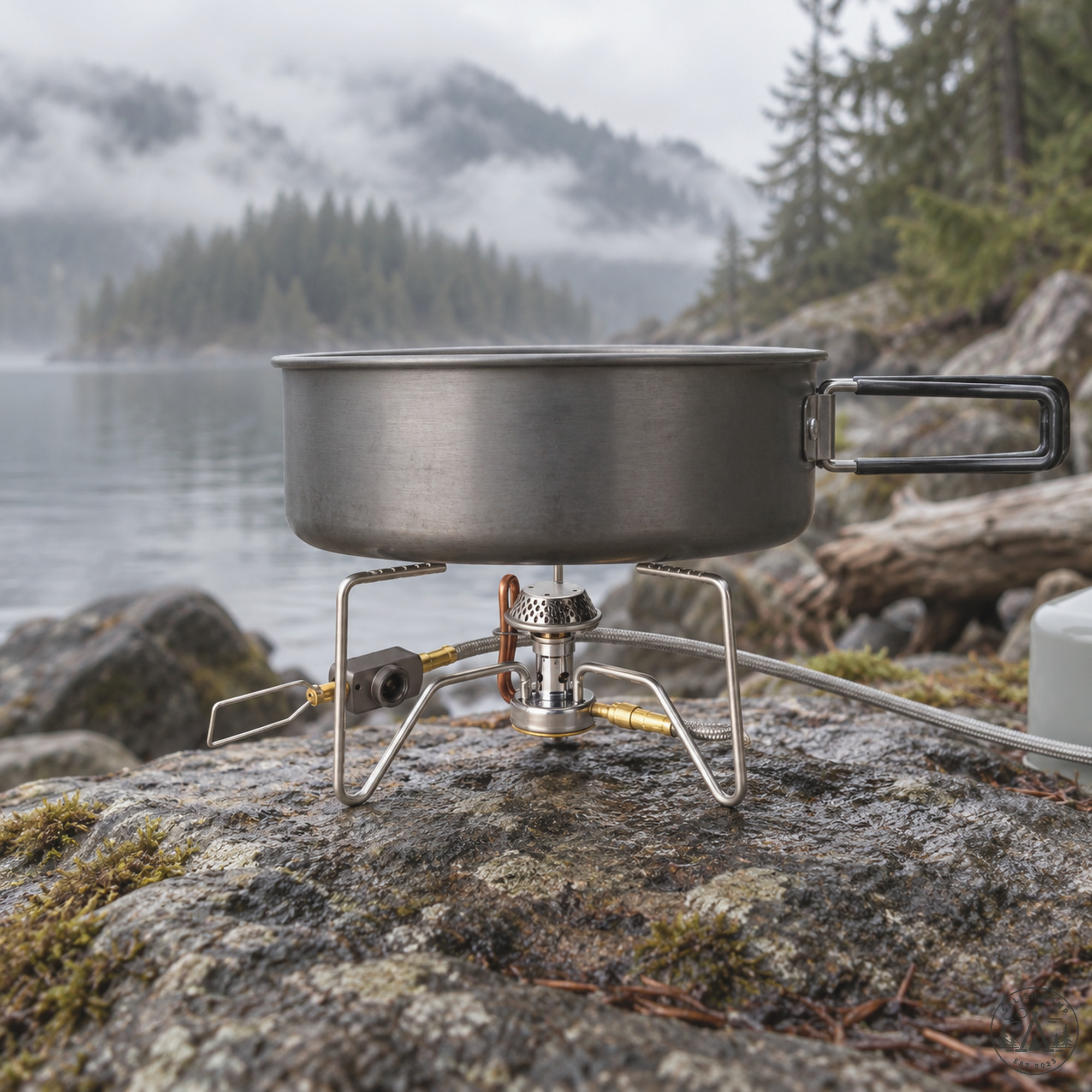 Wide pot on the Kovea Spider stove on a lakeshore rock in mist