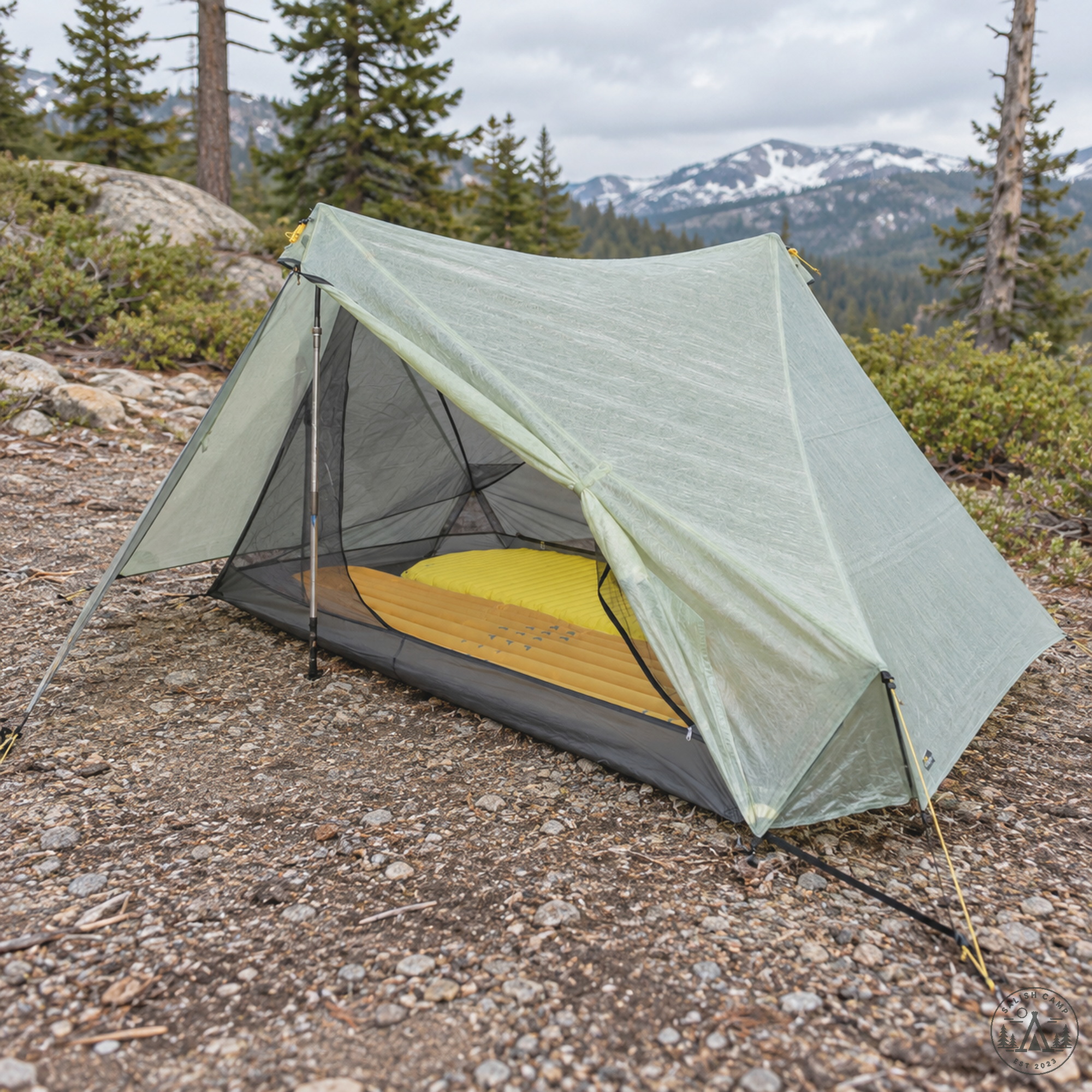 Tarptent StratoSpire 2 Li pitched three-quarter view with one door open
