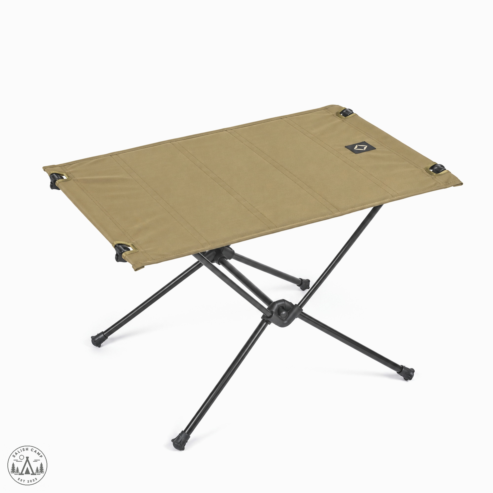 Helinox Tactical Table One in Coyote Tan, three-quarter view on white