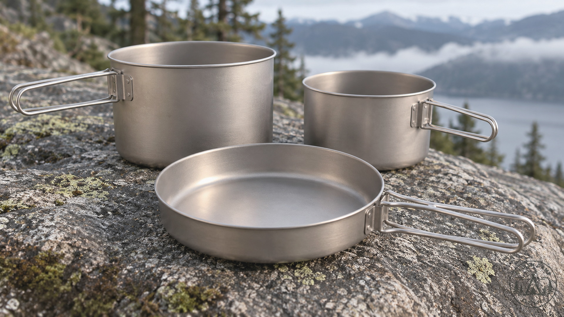 STW-001T fry pan in front of the two pots on a rock
