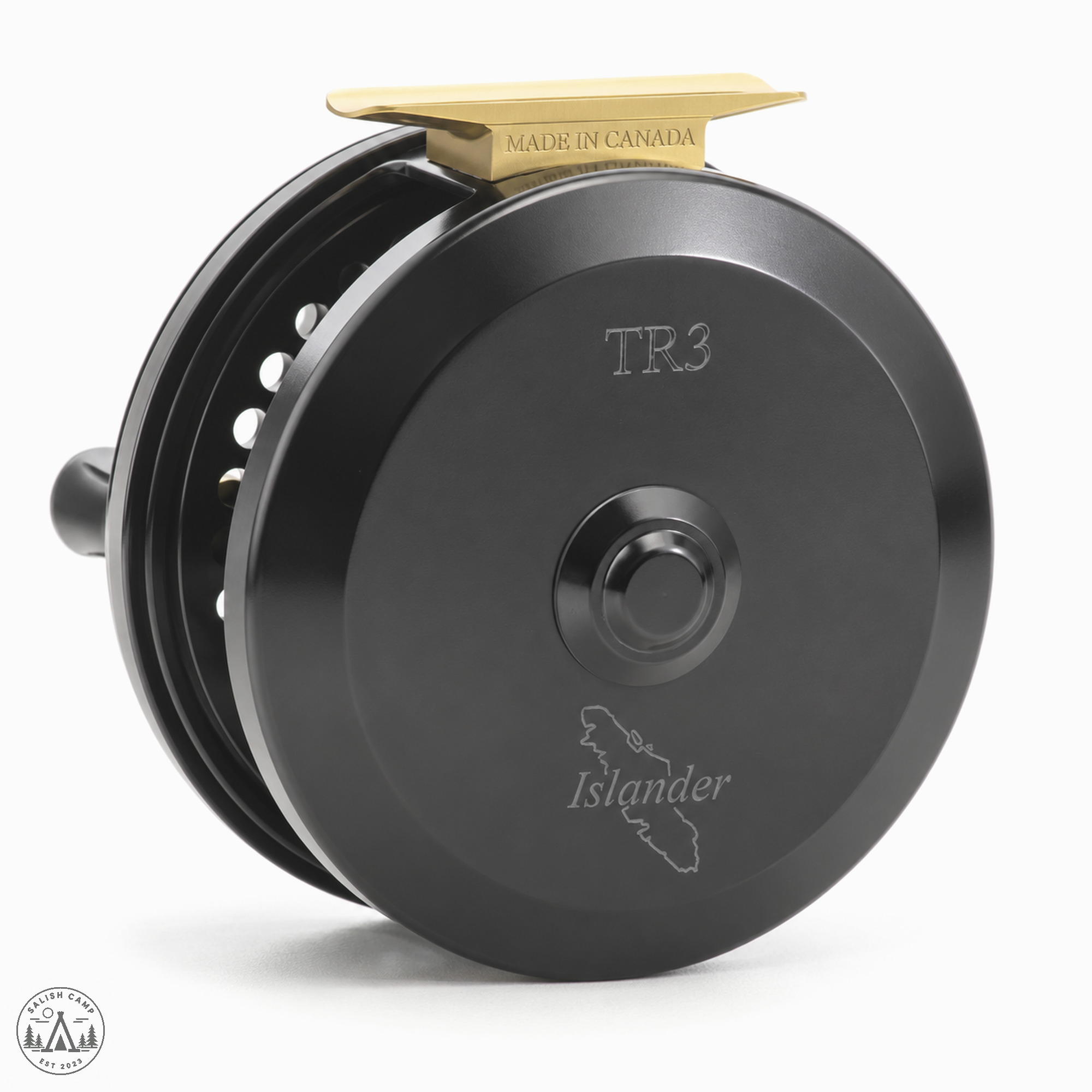 Black back plate of the Islander TR3 with a gold foot engraved Made in Canada