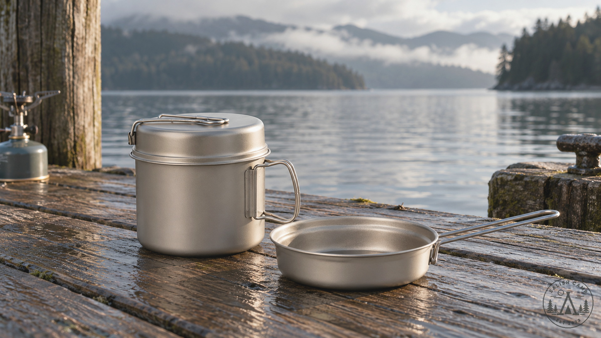 Trek 1400 pot and pans on a wet dock, with a stove and fuel canister in the background