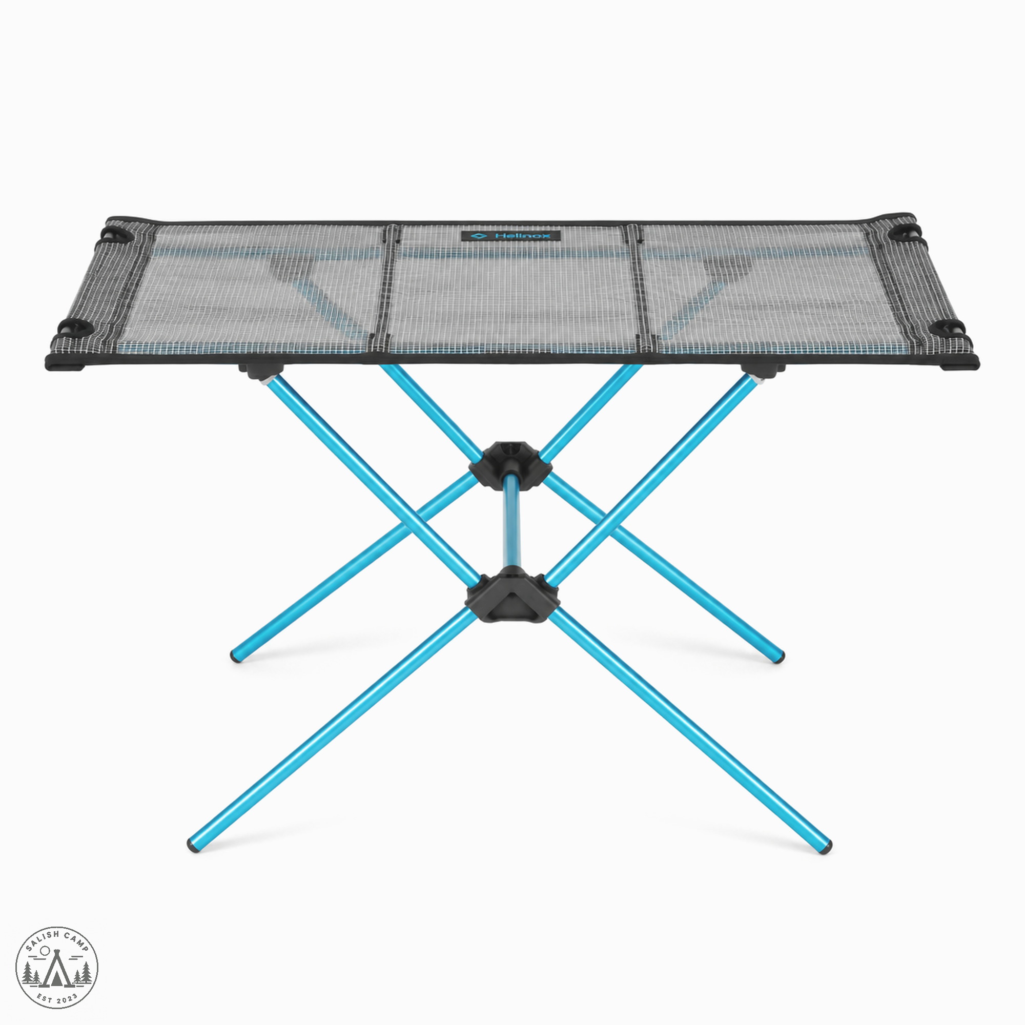 Straight-on front view of the Table Zero LT with two black hubs at the center of the cyan legs
