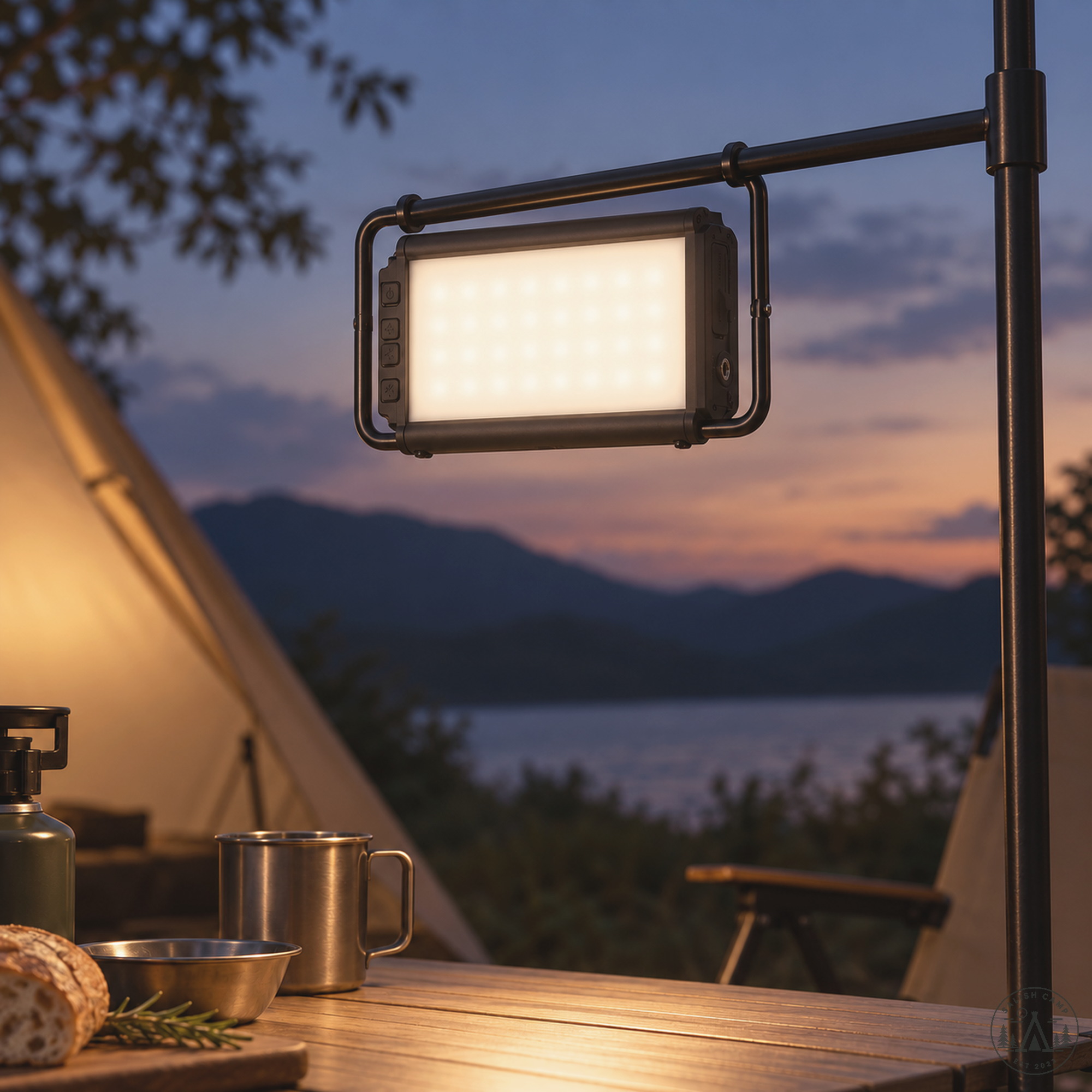 Ultra 3.0 M hanging from a pole over a camp table at dusk