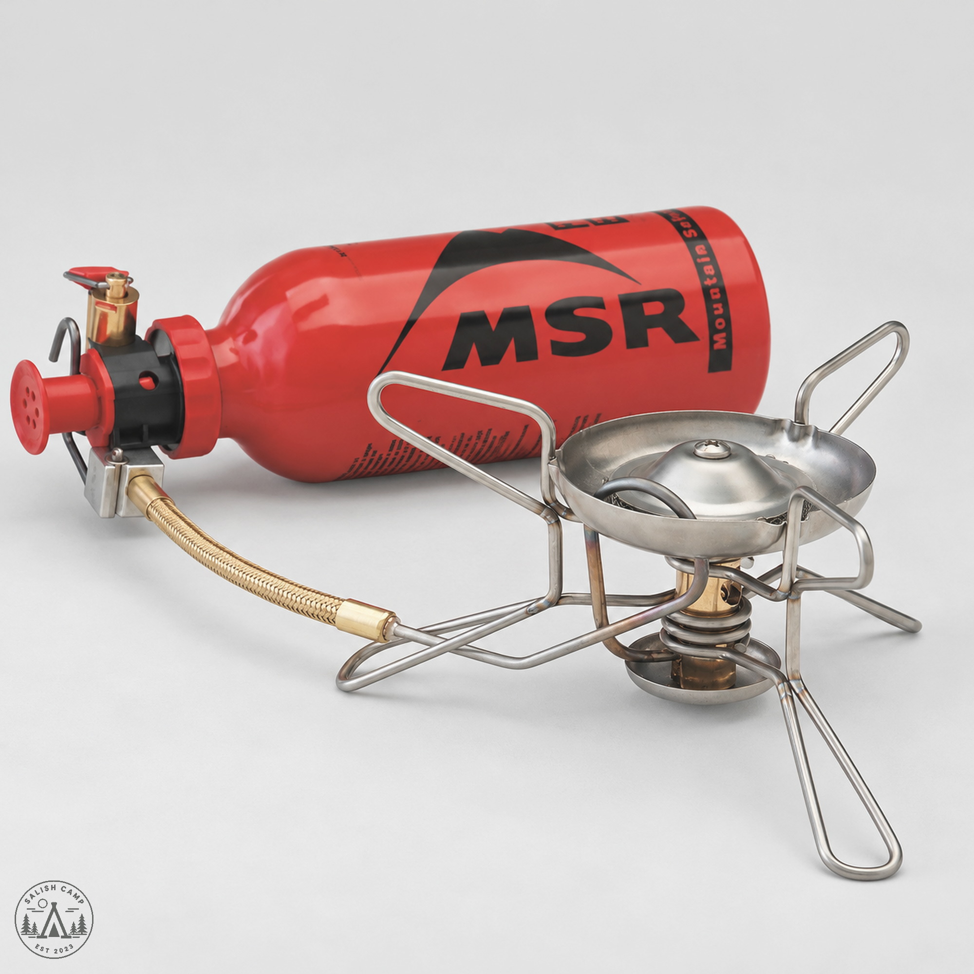 MSR WhisperLite low side profile with fuel line to the pump